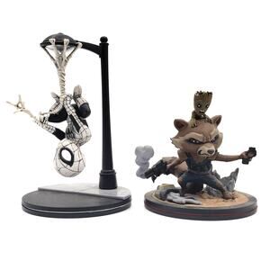 Marvel Q Fig Figure Lot Silver Black Spider-Man & Rocket Racoon with Baby Groot